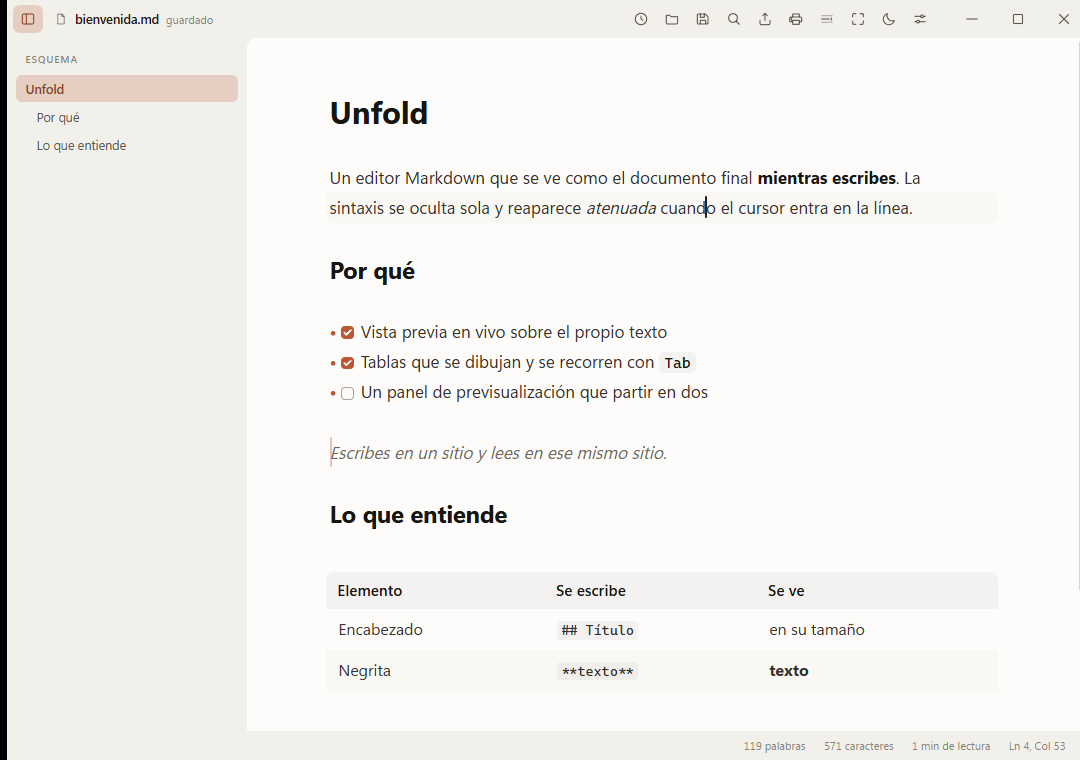 Unfold con un documento abierto, el esquema lateral a la izquierda y una tabla renderizada.